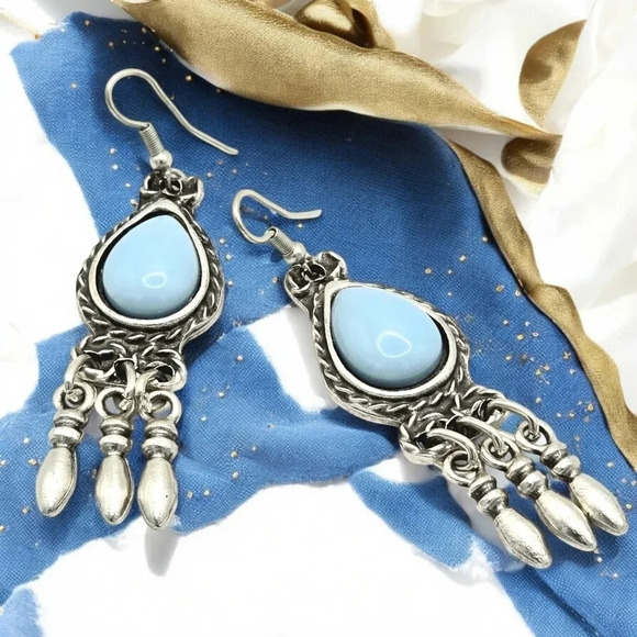 🆕️Turkish Zamak Dangle Earrings with Stabilized Turquoise Handmade Jewelry - Picture 1 of 12